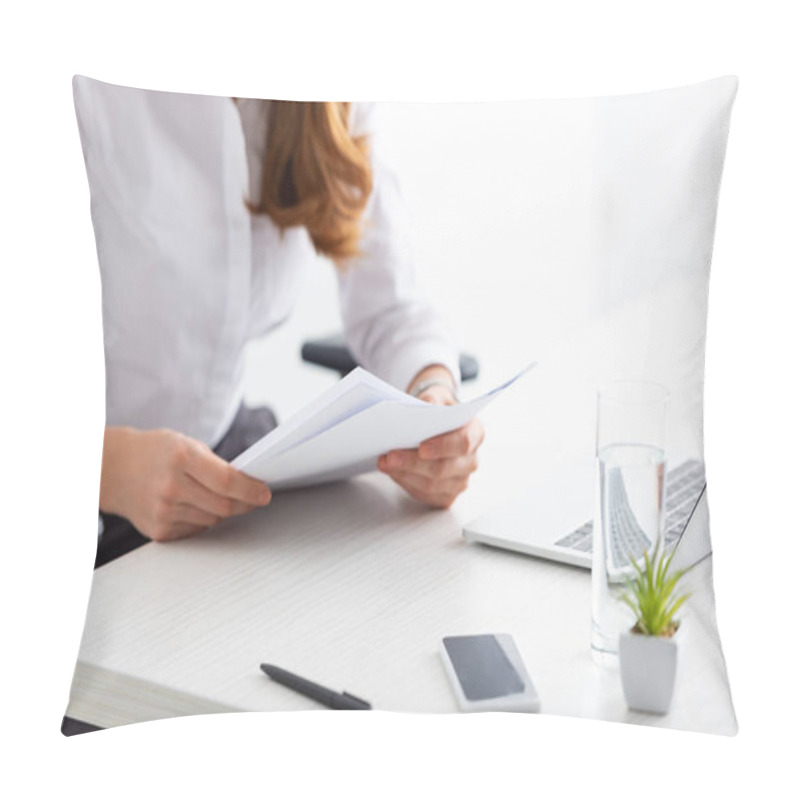 Personality  Cropped View Of Businesswoman Holding Papers With Dossier At Table With Laptop And Smartphone Pillow Covers