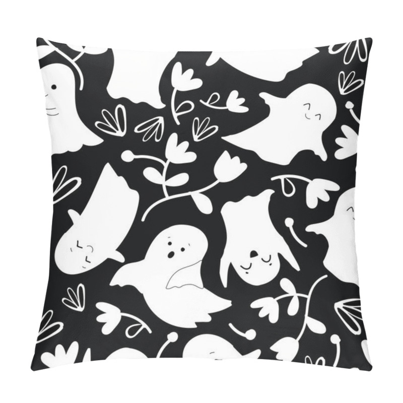 Personality  Black With Cute Halloween White Ghosts And Their Flowers Seamless Pattern Background Design. Pillow Covers