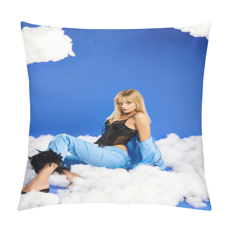 Personality  Blonde Woman In Vibrant Attire Sits Atop Fluffy Clouds In A Serene Blue Sky. Pillow Covers