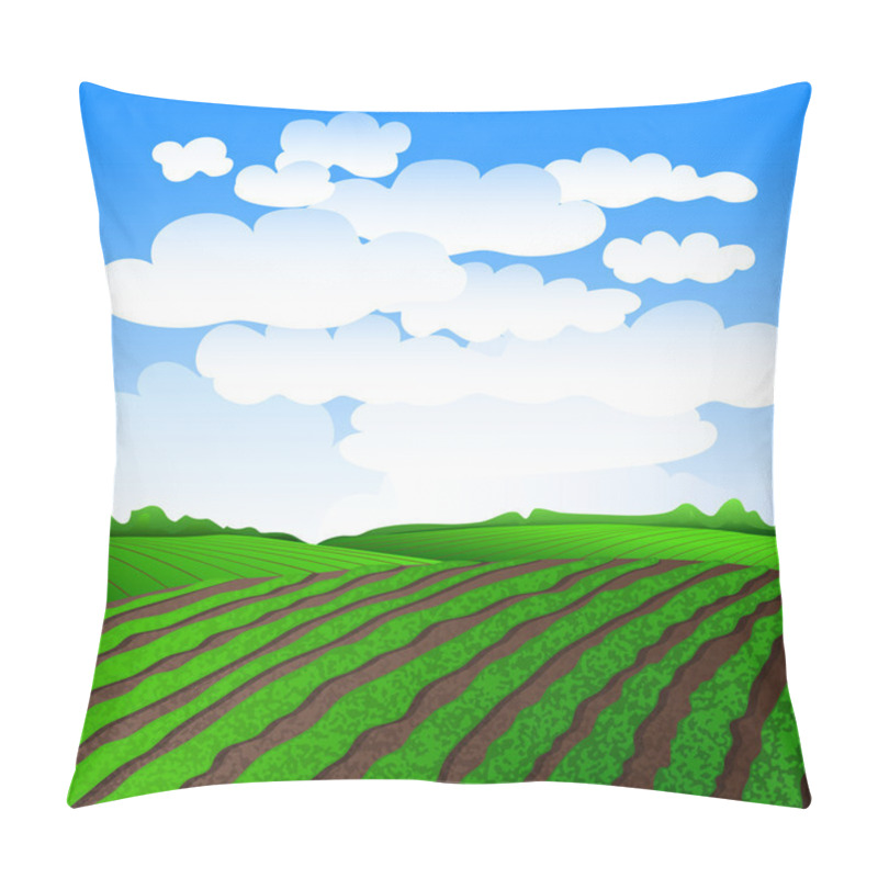 Personality  Rural Landscape With Green Fields. Vector Illustration EPS 10. Pillow Covers