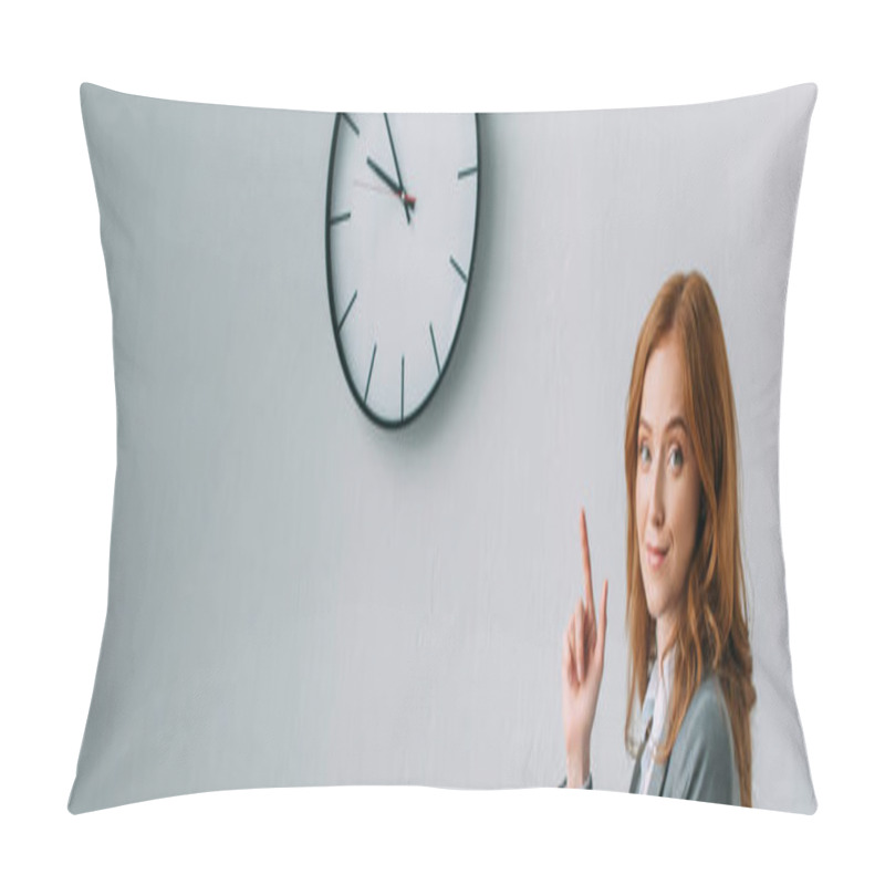 Personality  Positive Redhead Businesswoman Pointing With Finger At Wall Clock, While Looking At Camera On Grey, Banner Pillow Covers