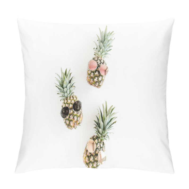 Personality  Hipster Pineapples In Glasses On White Background. Flat Lay, Top View Pillow Covers