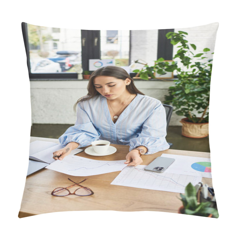 Personality  Brunette Woman Focused On Work, Examining Documents While Enjoying A Warm Cup Of Coffee Pillow Covers