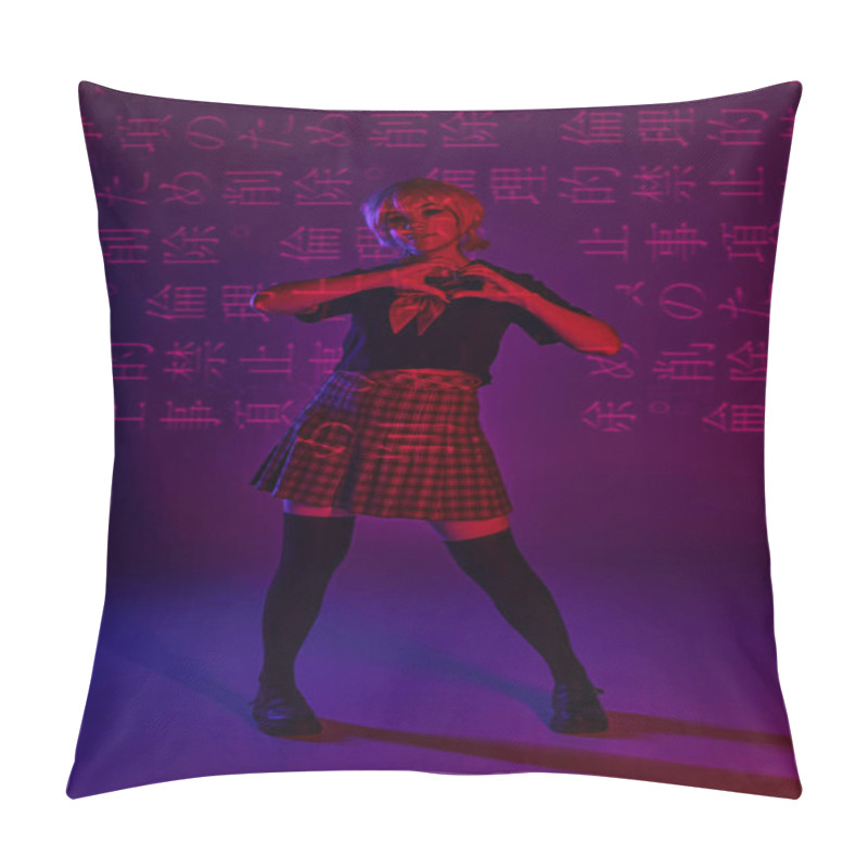 Personality  Stylish Anime Woman In School Uniform Showing Heart Sign On Neon Purple Backdrop With Hieroglyphs Pillow Covers