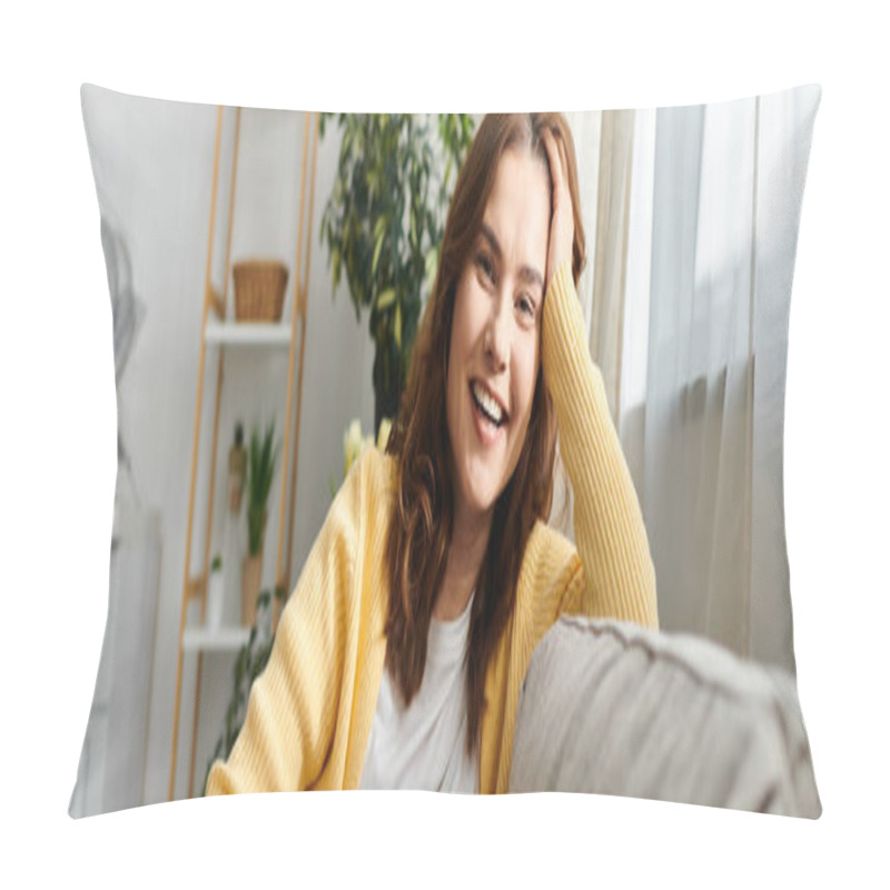 Personality  Middle-aged Woman In Deep Thought, Hand On Head, Seated On Couch. Pillow Covers