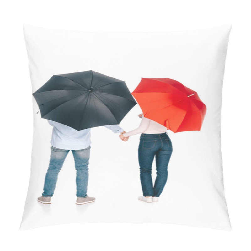 Personality  Back View Of Young Couple With Black And Red Umbrellas Holding Hands Isolated On White Pillow Covers