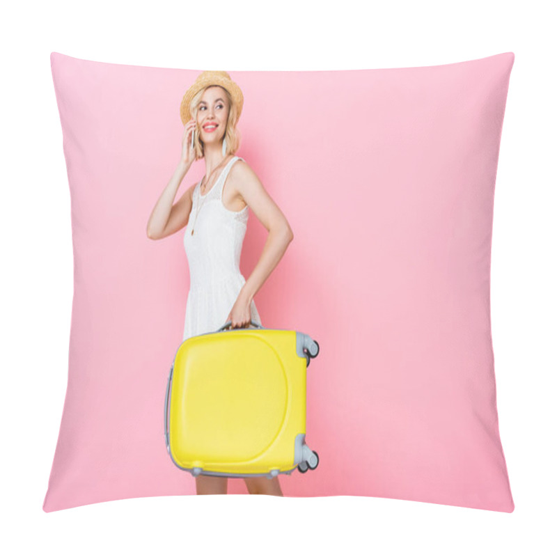 Personality  Woman In Straw Hat And Dress Holding Yellow Luggage And Talking On Smartphone On Pink  Pillow Covers