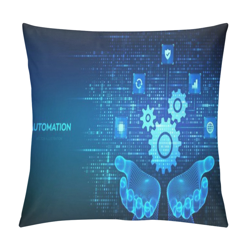 Personality  Automation Software. Gears Icon Made With Binary Code In Hands. IOT And Automation Icons Connections. Digital Binary Data And Streaming Digital Code. Background With Digits 1.0. Vector Illustration Pillow Covers