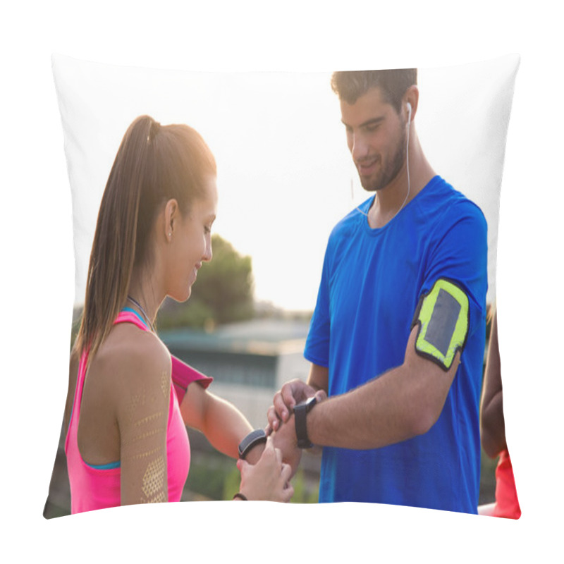 Personality  Outdoor Young Couple Using They Smartwatch After Running. Pillow Covers