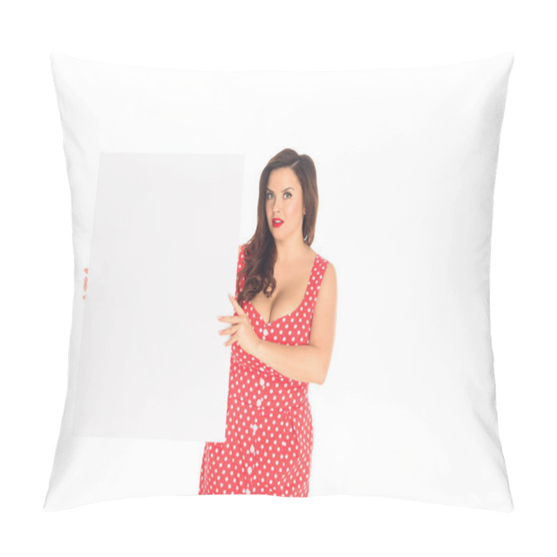 Personality  Beautiful Plus Size Woman Holding Blank Placard Isolated On White Pillow Covers