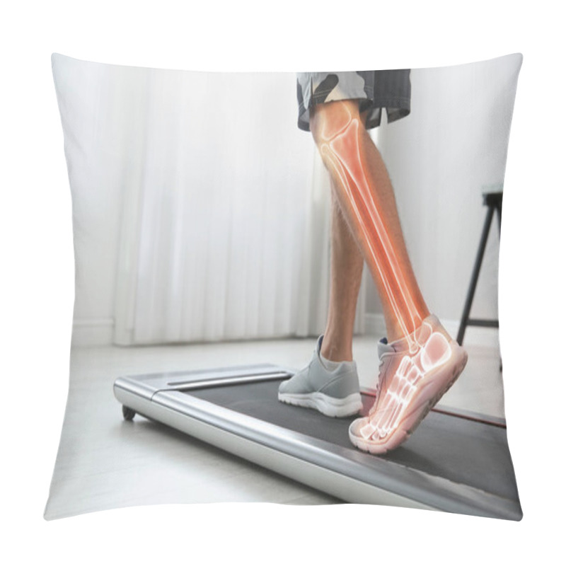 Personality  Digital Composite Of Highlighted Bones And Man Training On Walking Treadmill At Home, Closeup Pillow Covers