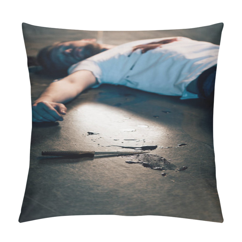 Personality  Selective Focus Of Dead Man With Blood On T-shirt On Floor At Crime Scene Pillow Covers