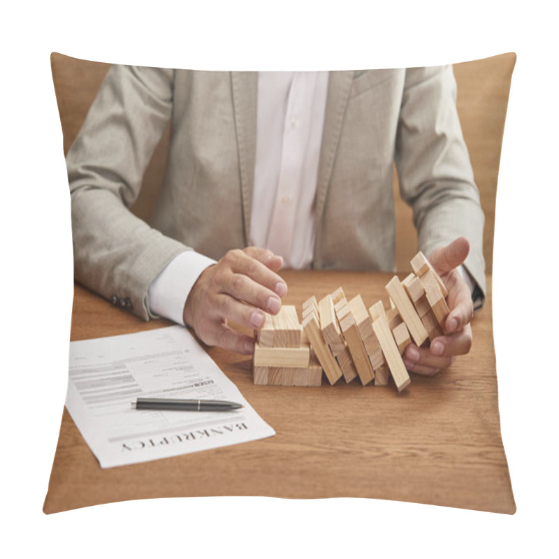 Personality  Partial View Of Businessman In Suit Holding Fallen Tower Made Of Wooden Blocks Near Bankruptcy Form Pillow Covers