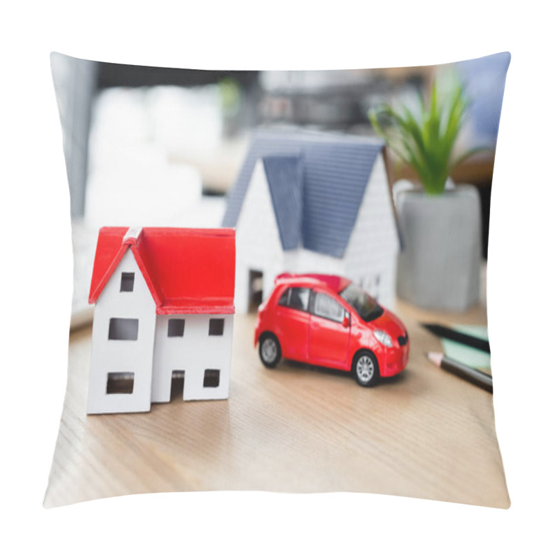 Personality  House Models Near Toy Car On Table, Tax Inspection Concept Pillow Covers