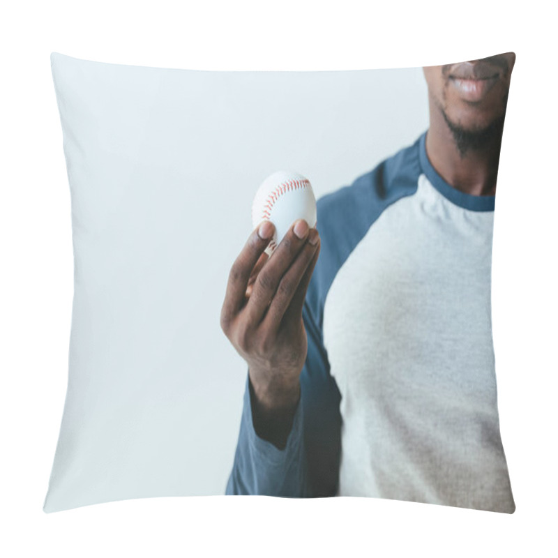 Personality  Partial View Of African Ameriican Baseball Player Holding Ball Isolated On Grey Pillow Covers