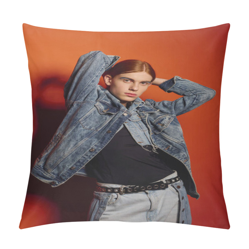 Personality  Emotional Young Man With Striking Long Red Hair Poses Confidently In Front Of A Bold Background. Pillow Covers