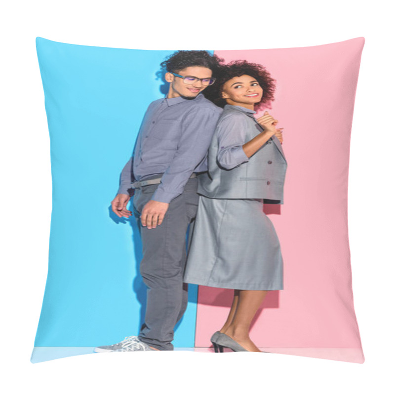 Personality  Young African Amercian Smiling Couple In Grey Suits Standing Back To Back On Pink And Blue Background  Pillow Covers