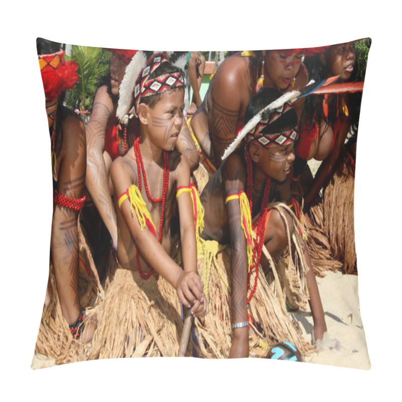 Personality  Santa Cruz Cabralia, Bahia / Brazil - April 19, 2009: Pataxo Indians Are Seen During Disputes At Indigenous Games In The Coroa Vermelha Village In The City Of Santa Cruz Cabralia. Pillow Covers