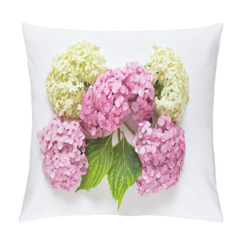 Personality  Bouquet Made Of Fluffy Pink And White Hydrangea Flowers Heads Arranged On White Background. Pillow Covers