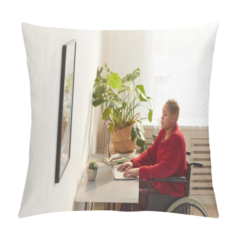 Personality  Side View Portrait Of Modern Mixed-race Woman Using Wheelchair While Working From Home At Desk Lit By Sunlight, Copy Space Pillow Covers