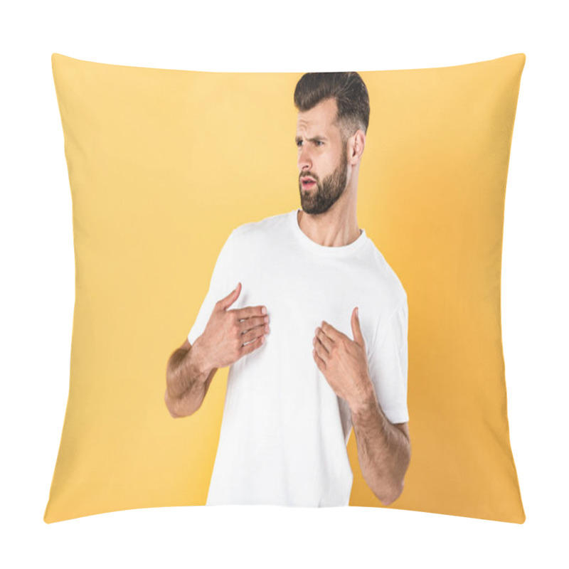 Personality  Indignant Handsome Man In White T-shirt Isolated On Yellow Pillow Covers