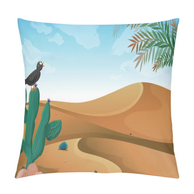 Personality  A Bird Above The Cactus Plant At The Desert Pillow Covers