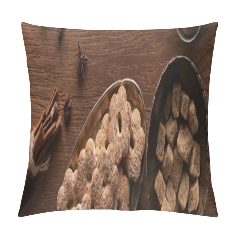 Personality  Top View Of Christmas Cookies On Wooden Table With Anise And Cinnamon, Panoramic Shot Pillow Covers