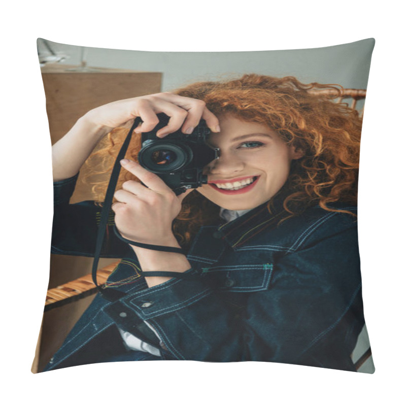 Personality  Smiling Stylish Redhead Woman In Wicker Chair Taking Photo With Film Camera Isolated On Grey Pillow Covers