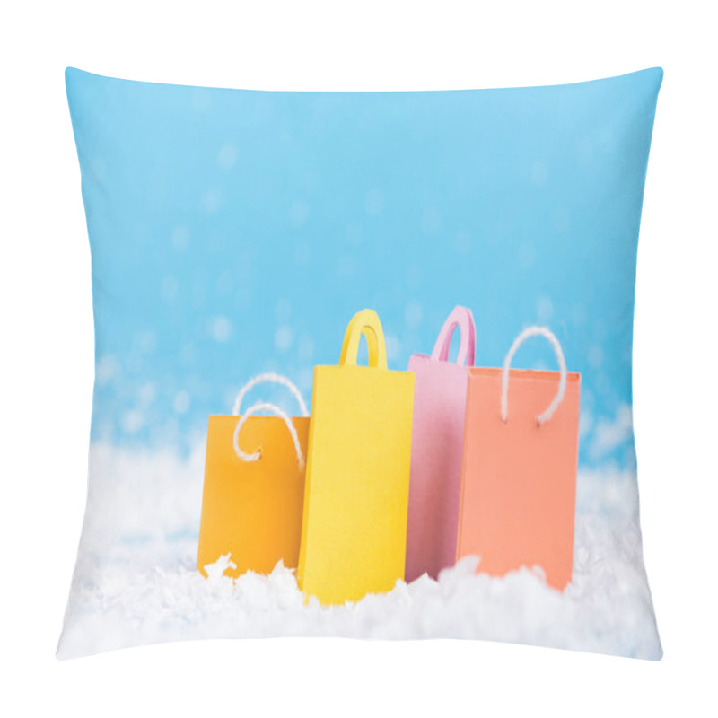 Personality  Surface Level Of Tiny Paper Bags With Artificial Snow On Blurred Background, New Year Concept Pillow Covers