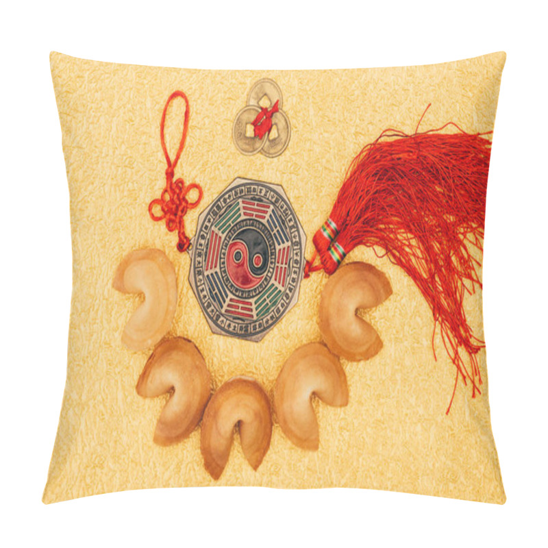 Personality  Top View Of Chinese Talisman Surrounded With Fortune Cookies On Golden Surface, Chinese New Year Concept Pillow Covers