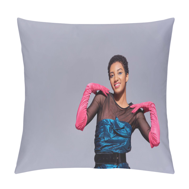 Personality  Trendy Young African American Woman In Pink Gloves And Cocktail Dress Touching Shoulders And Smiling Isolated On Grey, Modern Generation Z Fashion Concept Pillow Covers