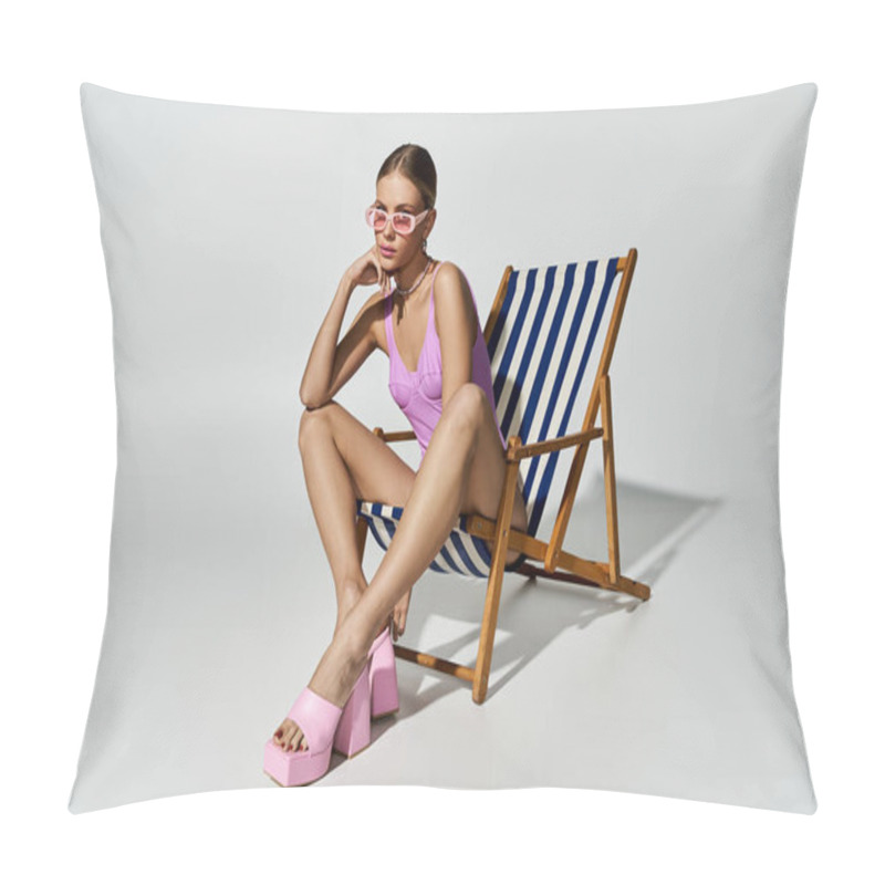 Personality  Stylish Blonde Woman Relaxes On Deck Chair In A Pink Bikini. Pillow Covers