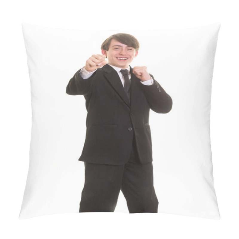 Personality  Happy Teen Boy In Suit And Tie Goofing Around Pillow Covers