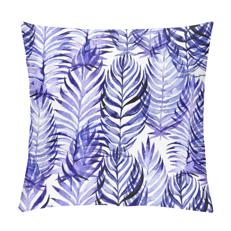 Personality  Hand Drawn Seamless Pattern With Blue Palm Leaves, Drawn With Purple And Blue Watercolor And Brush. Leaves In Different Sizes And Shapes. Large Raster Illustration, Good For Textile, Print Design Pillow Covers