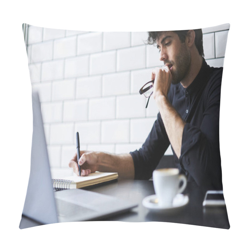 Personality  Male Using Modern Laptop Computer  Pillow Covers