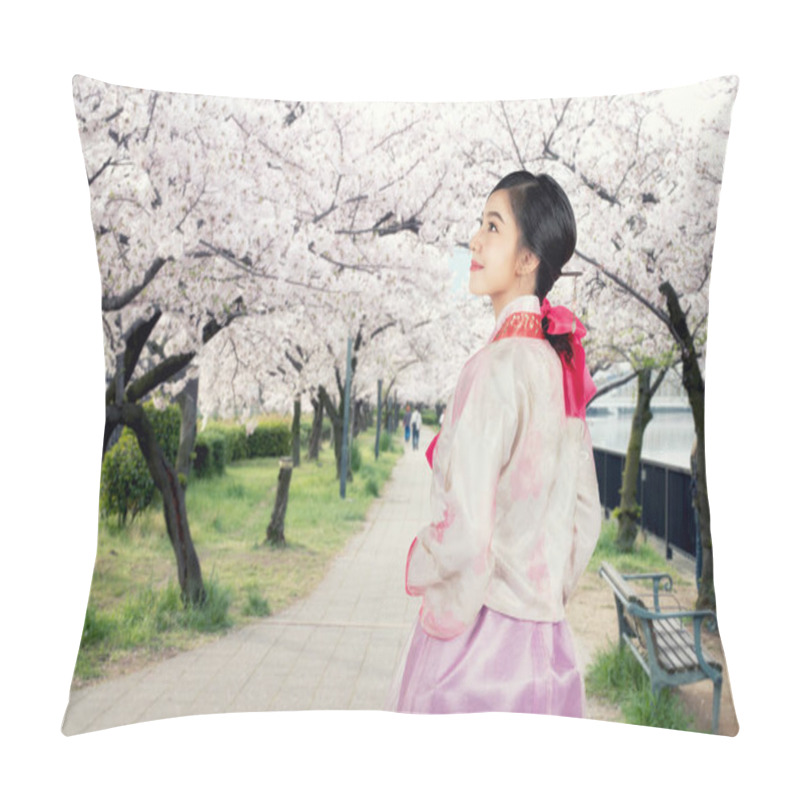 Personality  Asian Korean Woman Wearing Traditional Korean Hanbok Looking Cherry Blossom In Garden In Seoul, South Korea. Cherry Blossom In Seoul, South Korea Pillow Covers