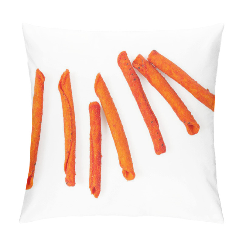 Personality  Pile Of Spicy Corn Chips Isolated On White Background. Hot Rolled Chips. Top View. Pillow Covers