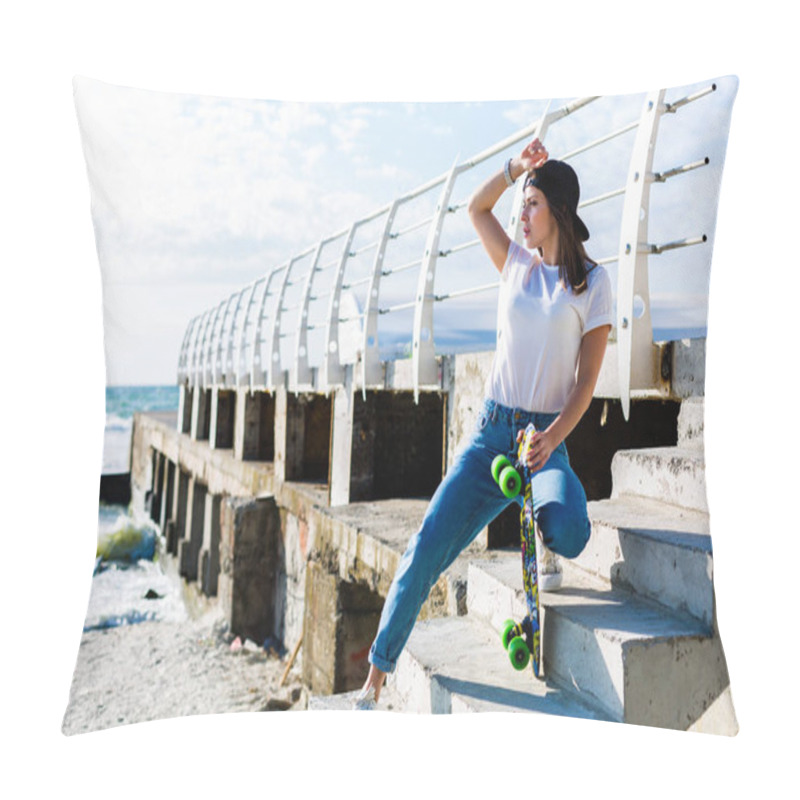 Personality  Beautiful Yound Woman With A Skateboard On A Beach Pillow Covers