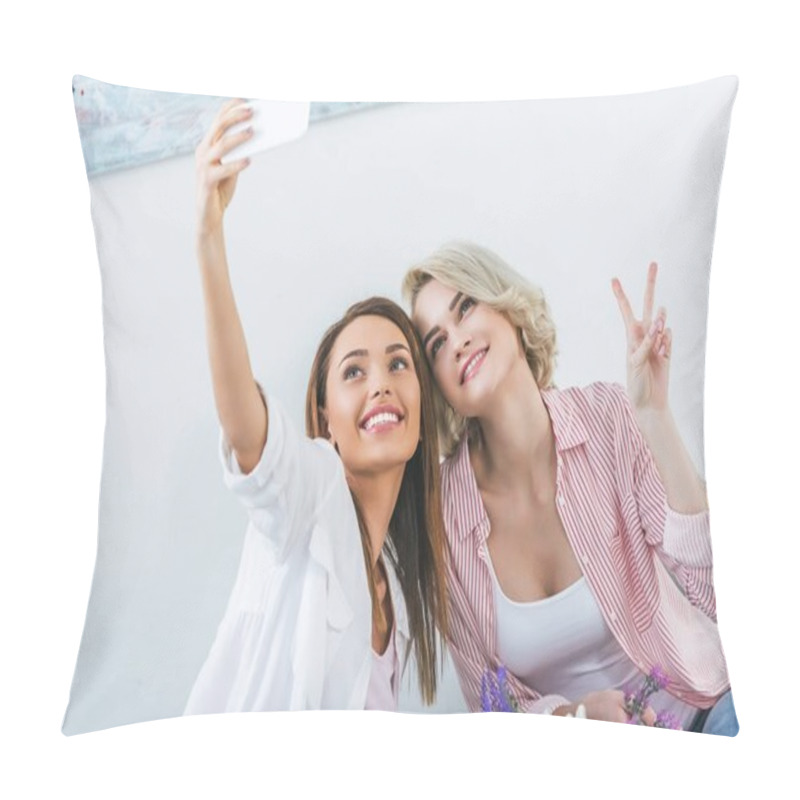 Personality  Cheerful Female Friends With Victory Sign Taking Selfie On Smartphone Pillow Covers