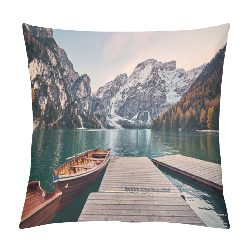 Personality  The Beautiful Braies Lake In Late Autumn With A Little Snow, Pearl Of The Dolomite Lakes Is An UNESCO Heritage And Is Located In The Braies Alto Adige,Italy Pillow Covers