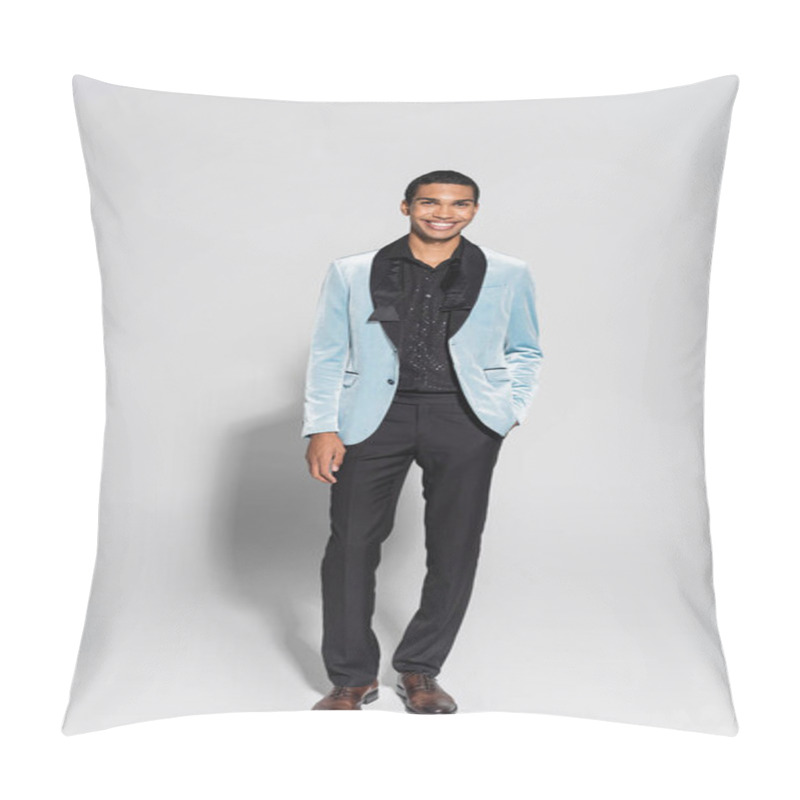 Personality  Full Length Of African American Man In Silk Blazer And Black Trousers Posing With Hand In Pocket On Grey Background Pillow Covers