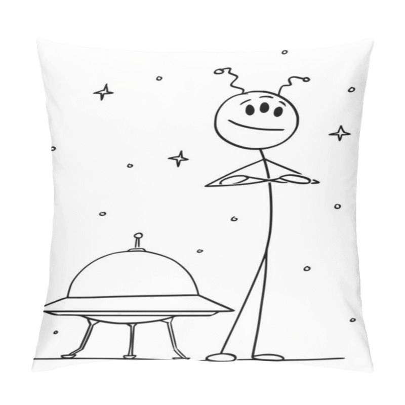 Personality  Cute Friendly Alien Standing In Front Of UFO Spaceship, Vector Cartoon Stick Figure Illustration Pillow Covers