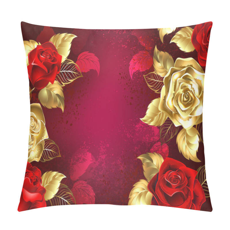 Personality  Red Textured Background With Jewelry, Red And Gold Roses. Design With Rose Pillow Covers