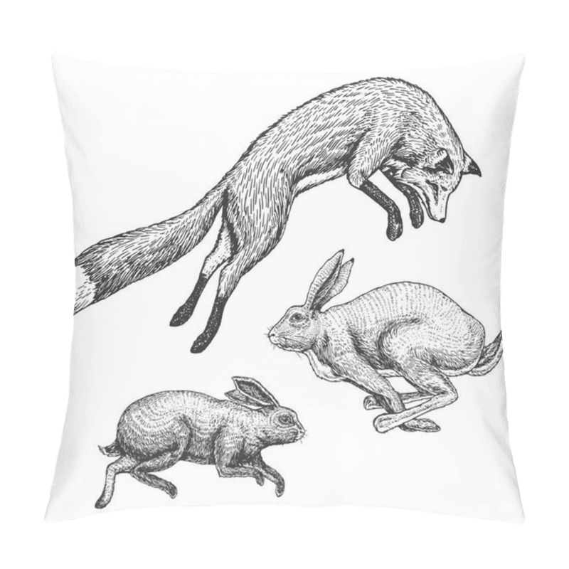 Personality  Wild Forest Animal Jumping Up. Soaring Red Fox And Hare And Rabbit. Food Search Concept. Vintage Style. Engraved Hand Drawn Sketch. Pillow Covers