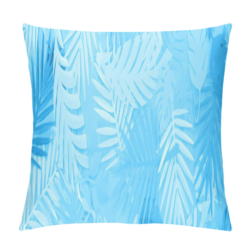 Personality  Top View Of Paper Leaves On Blue Minimalistic Background, Panoramic Shot Pillow Covers