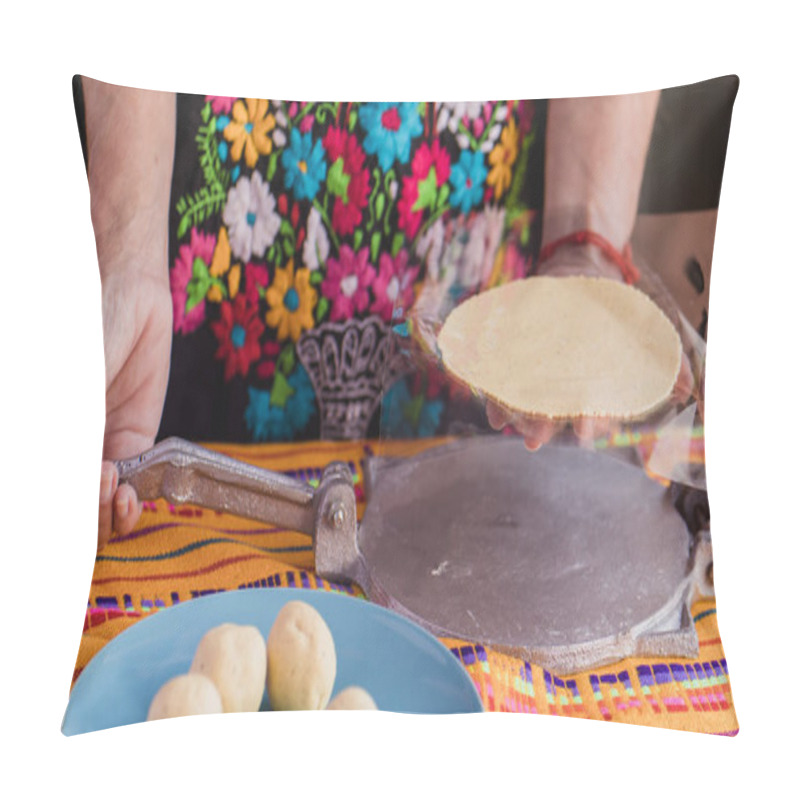 Personality  Tortilla Press, Testales (maize Dough) And Resulting Mexican Tortillas. Process Of Making Corn Tortillas  Pillow Covers