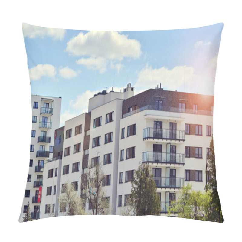 Personality  Ecology And Green Living In City, Urban Environment Concept. Modern Apartment Building And Green Trees. Ecological Housing Architecture. A Modern Residential Building In The Vicinity Of Trees. Pillow Covers