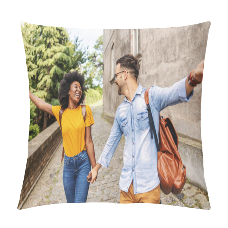 Personality  Young Cute Multicultural Couple Taking A Walk In An Old Part Of The Town. Pillow Covers