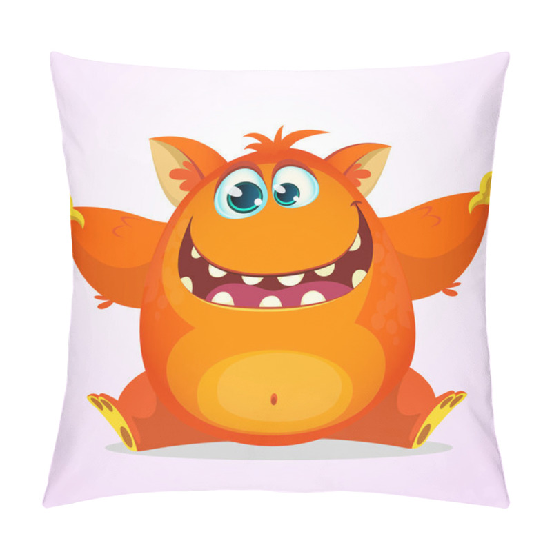 Personality  Vector Cartoon Of An Orange Fat And Fluffy Halloween Monster. Cute Monster With Big Ears Smiling And Waving. Monster Logo Or Icon. Illustration Of A Silly Cartoon Monster With A Big Smile Wants A Hug Pillow Covers