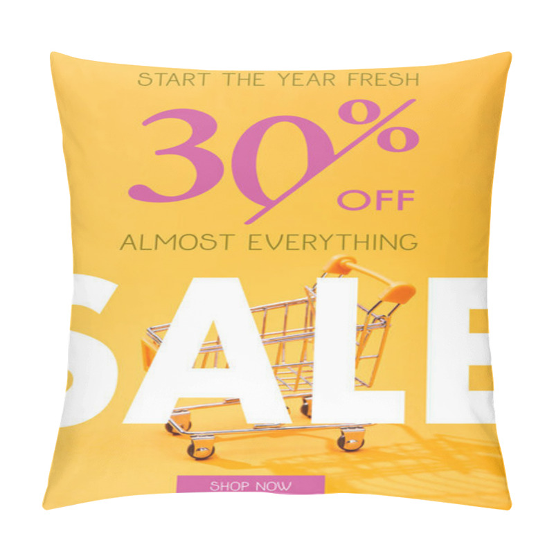 Personality  Empty Small Shopping Cart On Bright Orange Background With 30 Percent Off Sale Illustration  Pillow Covers